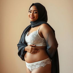 A confident Muslim woman, embracing her fuller figure, standing gracefully in elegant underwear