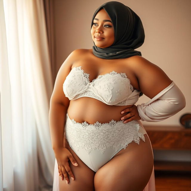 A confident Muslim woman, embracing her fuller figure, standing gracefully in elegant underwear