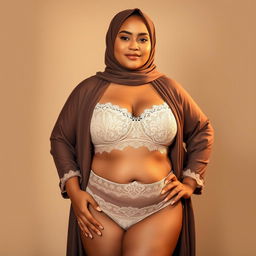 A confident Muslim woman, embracing her fuller figure, standing gracefully in elegant underwear