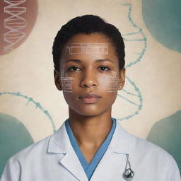 An artistic representation demonstrating the importance of identity in medicine, featuring elements like a DNA strand, medical records, a traditional physician's symbol, and an individual's portrait, all created in a digital art style.