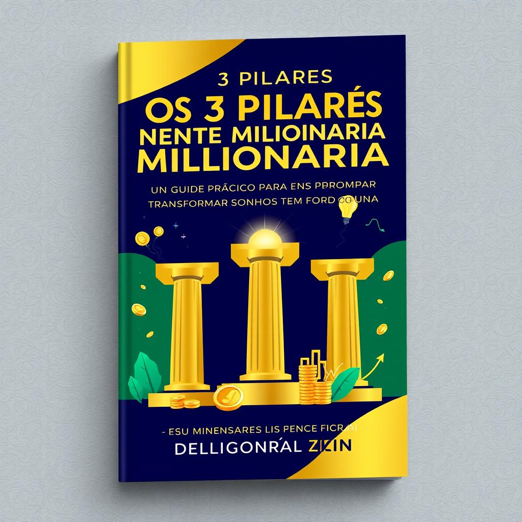 A modern and editable Canva book cover design for 'Os 3 Pilares da Mente Milionária: Um Guia Prático para Transformar Sonhos em Fortuna'