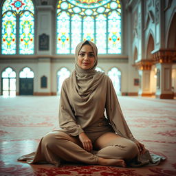 A beautiful Muslim woman elegantly dressed in a hijab and tasteful undergarments, seated gracefully within the tranquil interior of a mosque