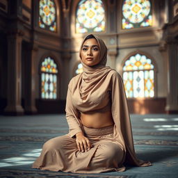 A beautiful Muslim woman elegantly dressed in a hijab and tasteful undergarments, seated gracefully within the tranquil interior of a mosque