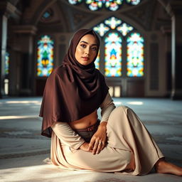 A beautiful Muslim woman elegantly dressed in a hijab and tasteful undergarments, seated gracefully within the tranquil interior of a mosque