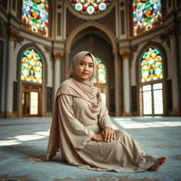 A beautiful Muslim woman elegantly dressed in a hijab and tasteful undergarments, seated gracefully within the tranquil interior of a mosque