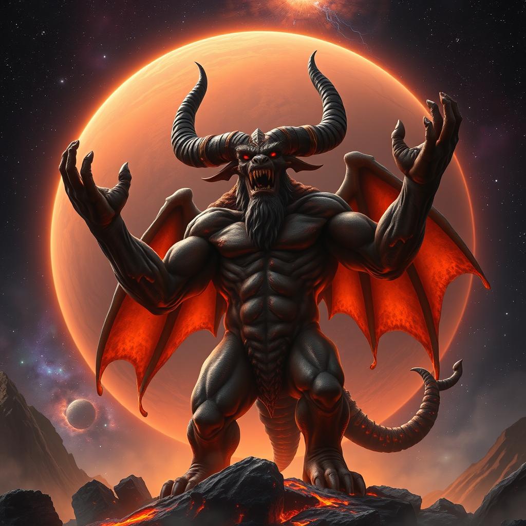 A colossal four-horned demon standing amidst a backdrop of a fiery planet, with molten lava streaming down its massive arms