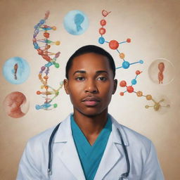 A digital painting illustrating the importance of identity in medicine when taking a psychological approach to patient care. Include elements like physician-patient interaction, psychological symbols, and the DNA strands, showcasing a fusion of psychology and genetics.