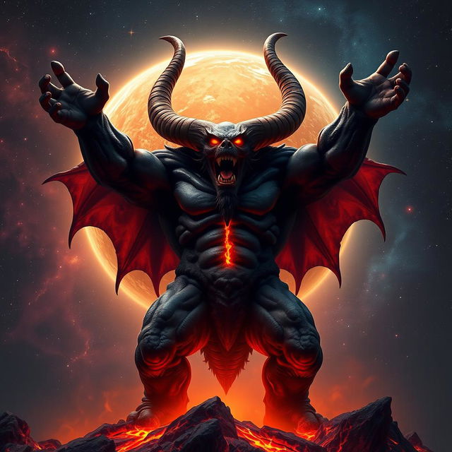 A colossal four-horned demon standing amidst a backdrop of a fiery planet, with molten lava streaming down its massive arms