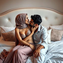 A romantic scene featuring a Muslim woman in elegant, tasteful lingerie, gently kissing a Hindu man, who is wearing a casual outfit