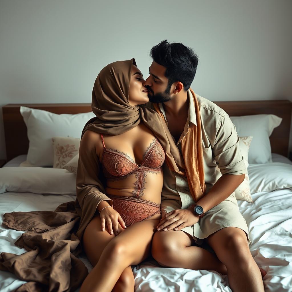 A romantic scene featuring a Muslim woman in elegant, tasteful lingerie, gently kissing a Hindu man, who is wearing a casual outfit