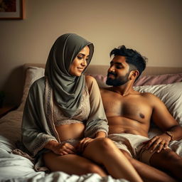 A tastefully intimate scene of a Muslim woman and a Hindu man sharing a quiet moment on a bed