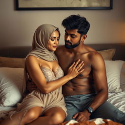 A tastefully intimate scene of a Muslim woman and a Hindu man sharing a quiet moment on a bed