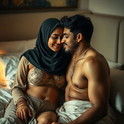 A tastefully intimate scene of a Muslim woman and a Hindu man sharing a quiet moment on a bed