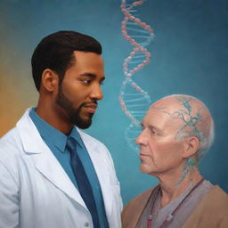 A digital painting illustrating the importance of identity in medicine when taking a psychological approach to patient care. Include elements like physician-patient interaction, psychological symbols, and the DNA strands, showcasing a fusion of psychology and genetics.