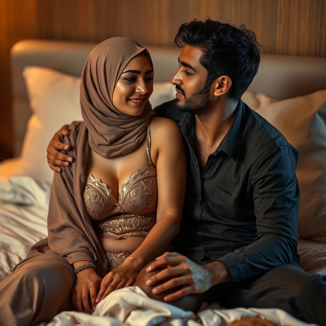 A tastefully intimate scene of a Muslim woman and a Hindu man sharing a quiet moment on a bed