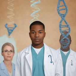 A digital painting illustrating the importance of identity in medicine when taking a psychological approach to patient care. Include elements like physician-patient interaction, psychological symbols, and the DNA strands, showcasing a fusion of psychology and genetics.