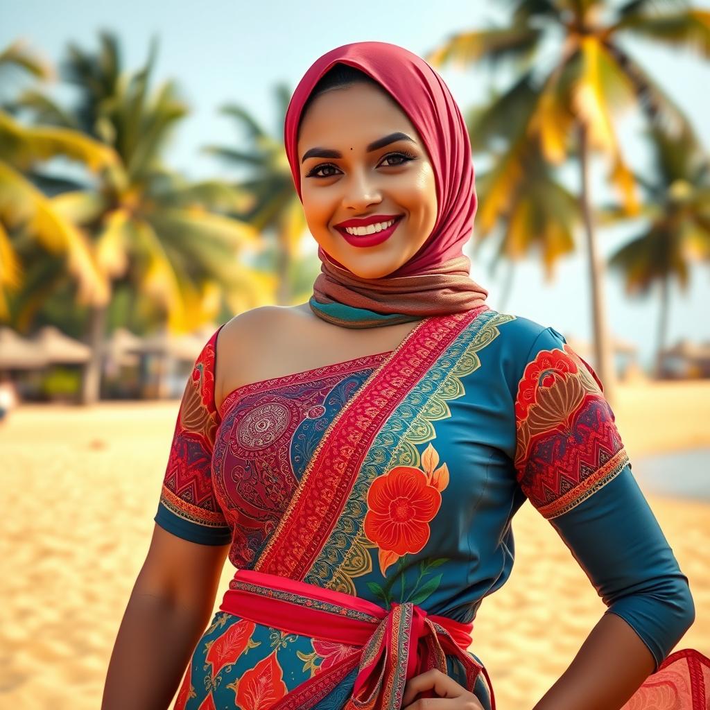 A beautiful Muslim woman with stunning features, wearing a stylish and colorful traditional Goan outfit, showcasing her confident and empowering presence