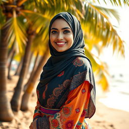 A beautiful Muslim woman with stunning features, wearing a stylish and colorful traditional Goan outfit, showcasing her confident and empowering presence