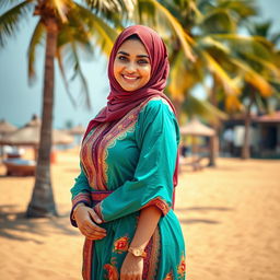 A beautiful Muslim woman with stunning features, wearing a stylish and colorful traditional Goan outfit, showcasing her confident and empowering presence