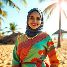 A beautiful Muslim woman with stunning features, wearing a stylish and colorful traditional Goan outfit, showcasing her confident and empowering presence