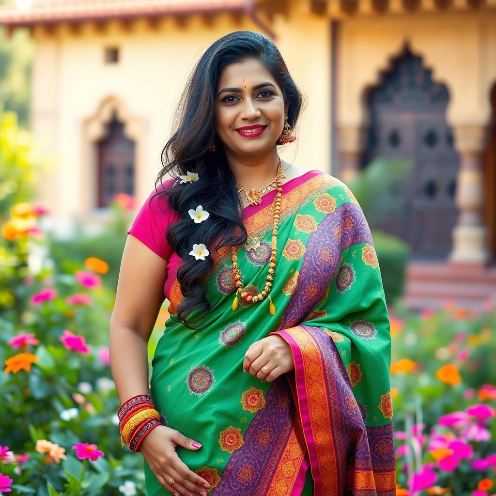 A portrait of a confident and radiant Hindu woman with a big figure, dressed in a traditional vibrant saree with intricate patterns and bright colors