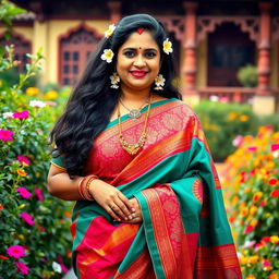 A portrait of a confident and radiant Hindu woman with a big figure, dressed in a traditional vibrant saree with intricate patterns and bright colors