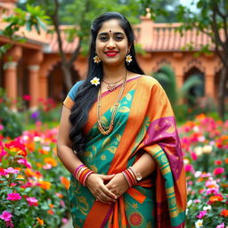 A portrait of a confident and radiant Hindu woman with a big figure, dressed in a traditional vibrant saree with intricate patterns and bright colors