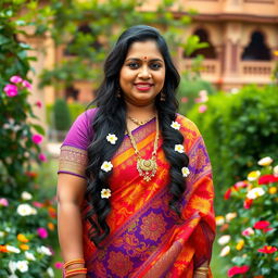 A portrait of a confident and radiant Hindu woman with a big figure, dressed in a traditional vibrant saree with intricate patterns and bright colors