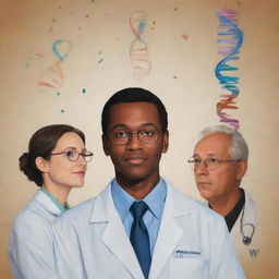 A digital painting illustrating the importance of identity in medicine when taking a psychological approach to patient care. Include elements like physician-patient interaction, psychological symbols, and the DNA strands, showcasing a fusion of psychology and genetics.