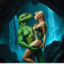 A lizard man with vibrant green scales and intricate patterns, holding a sexy, skinny blonde-haired girl in a tight-fitting, shimmering outfit