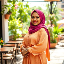 A confident Muslim woman with a curvy figure, wearing a stylish hijab in a vibrant color