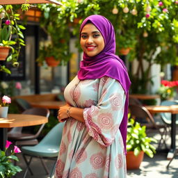 A confident Muslim woman with a curvy figure, wearing a stylish hijab in a vibrant color