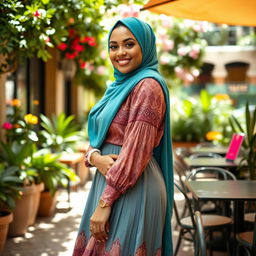 A confident Muslim woman with a curvy figure, wearing a stylish hijab in a vibrant color