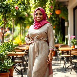 A confident Muslim woman with a curvy figure, wearing a stylish hijab in a vibrant color