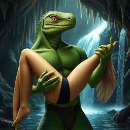 A fantastical scene featuring a lizard man with vibrant green scales, muscular build, and striking orange eyes, holding a sexy, skinny 20-year-old blonde-haired woman in his arms