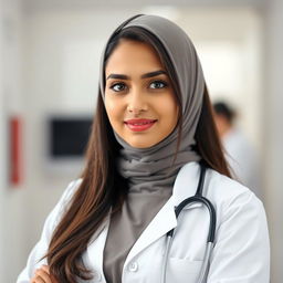 A beautiful Pakistani Muslim woman with a full figure, wearing a doctor’s uniform