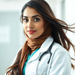 A beautiful Pakistani Muslim woman with a full figure, wearing a doctor’s uniform