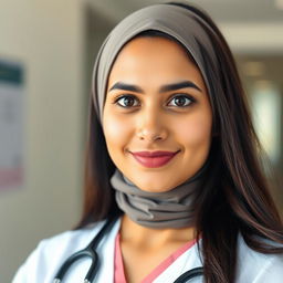 A beautiful Pakistani Muslim woman with a full figure, wearing a doctor’s uniform