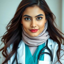 A beautiful Pakistani Muslim woman with a full figure, wearing a doctor’s uniform