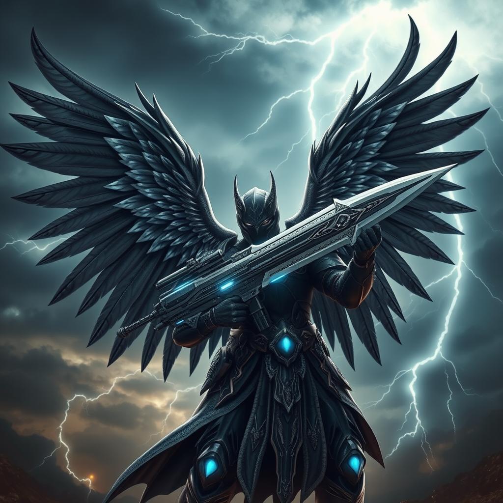 A dark seraphim, majestic and imposing, featuring intricate black and silver feathered wings that radiate power and elegance