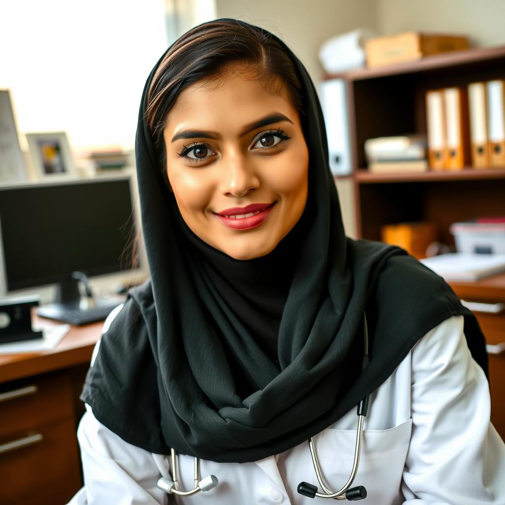 A beautiful Pakistani Muslim woman dressed in a doctor's coat, showcasing a sharp nose, striking black eyes, and soft pink lips