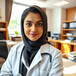 A beautiful Pakistani Muslim woman dressed in a doctor's coat, showcasing a sharp nose, striking black eyes, and soft pink lips