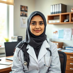 A beautiful Pakistani Muslim woman dressed in a doctor's coat, showcasing a sharp nose, striking black eyes, and soft pink lips