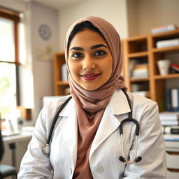 A beautiful Pakistani Muslim woman dressed in a doctor's coat, showcasing a sharp nose, striking black eyes, and soft pink lips