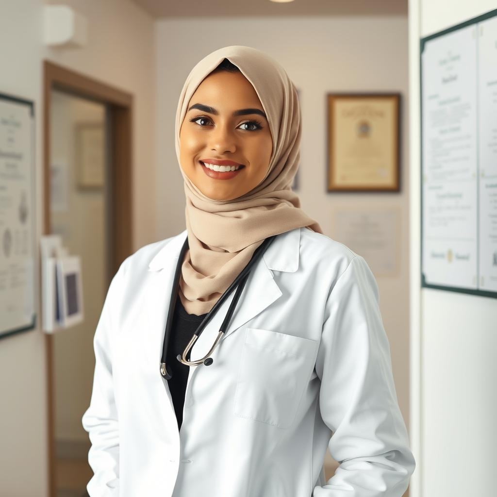 A beautiful Muslim woman doctor with a confident smile, wearing a stylish hijab and a white lab coat