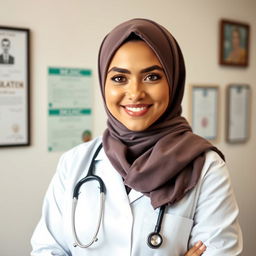 A beautiful Muslim woman doctor with a confident smile, wearing a stylish hijab and a white lab coat