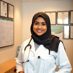 A beautiful Muslim woman doctor with a confident smile, wearing a stylish hijab and a white lab coat