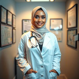 A beautiful Muslim woman doctor with a confident smile, wearing a stylish hijab and a white lab coat