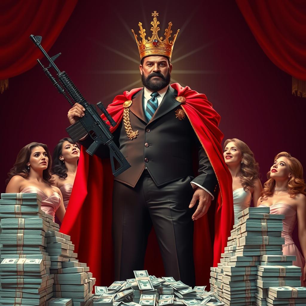 A powerful and imposing figure resembling a businessman in a royal outfit, holding an assault rifle in one arm, wearing a golden king's crown, and draped in a luxurious red cape