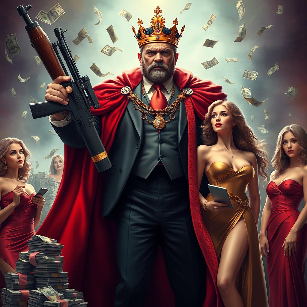 A powerful and imposing figure resembling a businessman in a royal outfit, holding an assault rifle in one arm, wearing a golden king's crown, and draped in a luxurious red cape